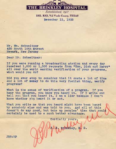 XER "Non Verification" Letter (735 kHz, 500 KW), Del Rio, TX, 1935