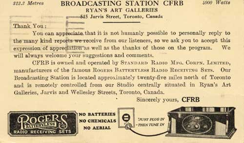 CFRB QSL Card (960 kHz, 4 KW), Toronto, Canada, 1929