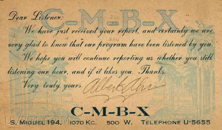 CMBX QSL Card (1070 kHz, 500 W) Havana, Cuba, 1936