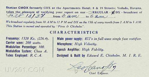 CMOX QSL Card (1320 kHz, 200 W), Havana, Cuba, 1937