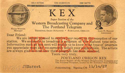 KEX QSL Card (1250 kHz, 2.5 KW) Portland, OR, 1927