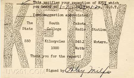 KFDY QSL Card (550 kHz, 1 KW), Brookings, SD, 1934