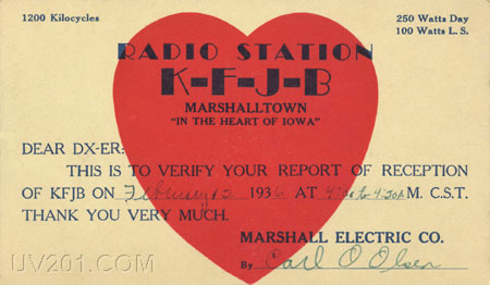 KFJB QSL Card (1200 kHz, 250 W), Marshalltown, IA, 1936