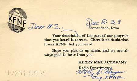 KFNF QSL Card (890 kHz, 500 W), Shenandoah, IA, 1933
