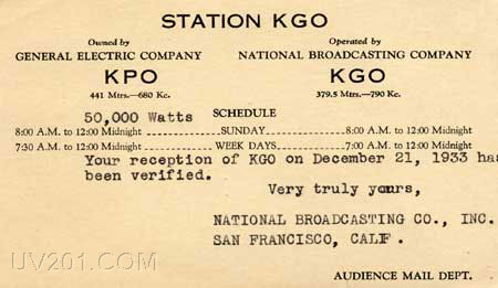 KGO QSL Card (790 kHz, 50 KW), Los Angeles, CA, 1933