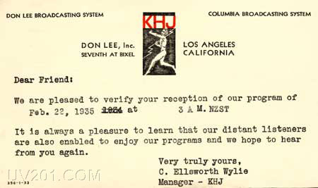 KHJ QSL Card, Los Angeles, CA, 1935