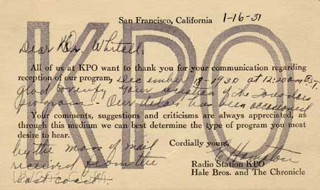 KPO QSL Card (680 kHz, 50 KW), San Francisco, CA, 1931