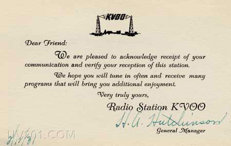 KVOO QSL Card (1140 kHz, 25 KW), Tulsa, OK, 1931