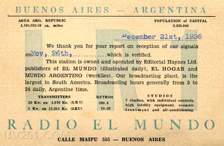 LR1 QSL Card (1070 kHz, 50 KW), Buenos Aires, Argentina, 1936