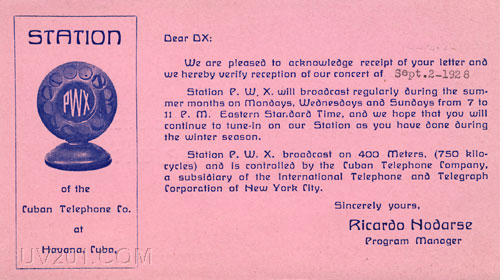 PWX QSL Card (750 kHz), Havana, Cuba, 1928