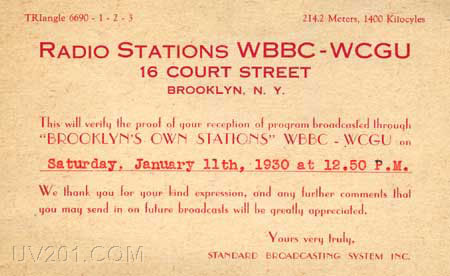 WBBC QSL Card (1400 kHz 500 W), Brooklyn, NY, 1930
