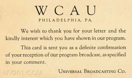 WCAU QSL Card (1210 kHz, 50 KW), Philadelphia, PA 1929