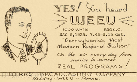WEEU QSL Card (830 kHz, 1 KW), Reading, PA 1935
