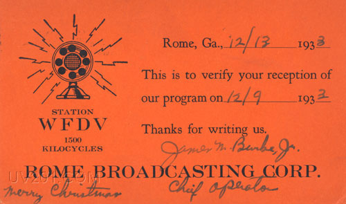 WFDV QSL Card (1500 kHz), Rome, GA, 1933
