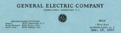 WGY Letterhead (790 kHz, 50 KW), Schenectady, NY, 1929