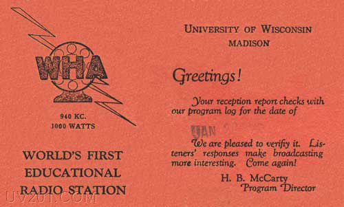 WHA QSL Card (940 kHz, 1 KW) University of Wisconsin, Madison, WI, 1934