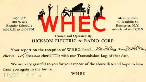 WHEC QSL Card (1440 kHz, 500 W), Rochester, NY, 1933