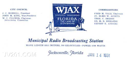 WJAX Letterhead (900 kHz 1 KW), Jacksonville, FL, 1931