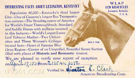 WLAP QSL Card (1420 kHz), Lexington, KY, 1934