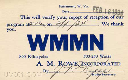 WMMN QSL Card (890 kHz, 500 W), Fairmont, WV, 1934