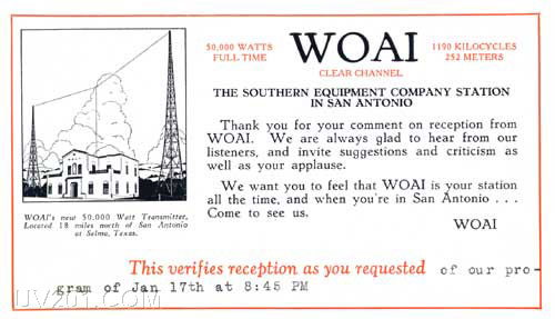 WOAI QSL Card (1190 kHz, 50 KW), San Antonio, TX