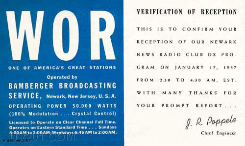 WOR QSL Card (710 kHz, 50 KW), Newark, NJ, 1937