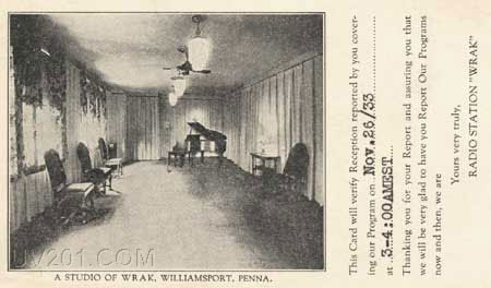 WRAK QSL Card, Williamsport, PA, 1933