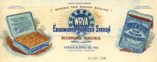 WRVA Letterhead (1110 kHz, 5 KW) Richmond, VA, 1929
