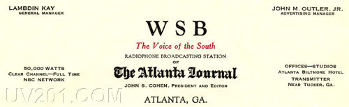 WSB Letterhead, (740 kHz, 50 KW), Atlanta, GA, 1934