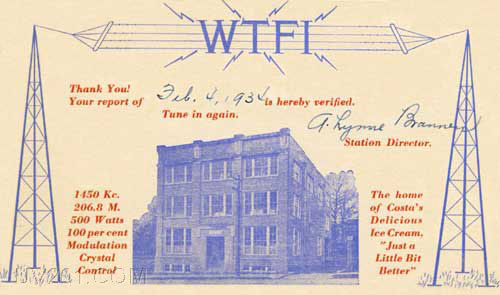 WTFI QSL Card (1450 kHz, 500 W), Athens, GA, 1934