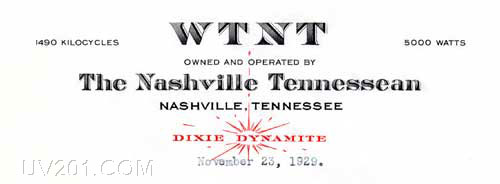 WTNT Letterhead (1490 kHz, 5 KW), Nashville, TN 1929