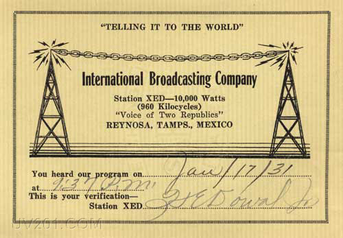 XED QSL Card (960 kHz, 10 KW), Reynosa, Mexico, 1931