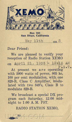 XEMO QSL Card (865 kHz, 5 KW), San Diego, CA, 1935