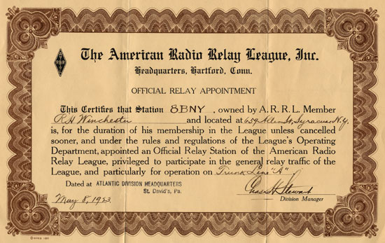 ARRL Relay Appointment Certificate, 1923