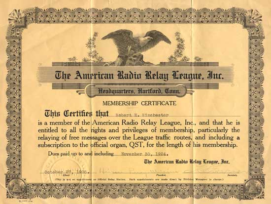 ARRL Membership Certificate, 1923