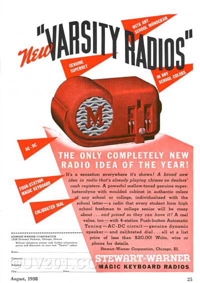 Stewart-Warner "Varsity" Advertisement-August 1938